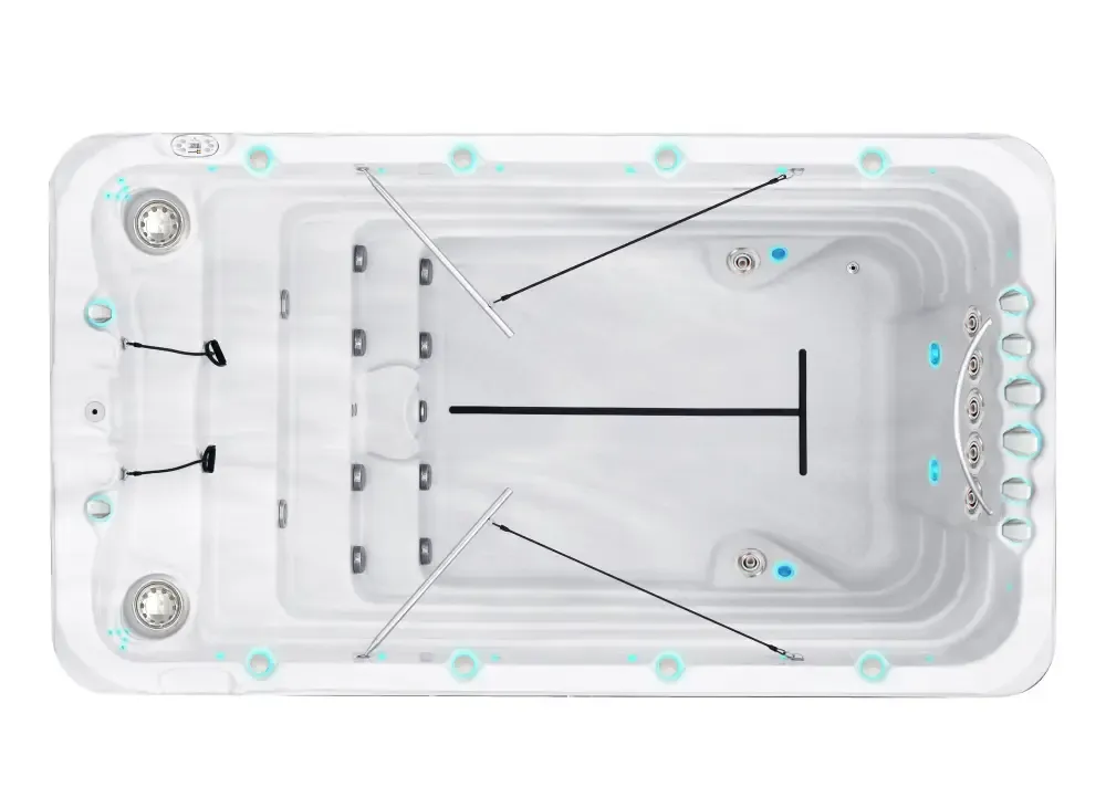 Vit PassionSpa Fitness 1 Swim Spa med vit rektangulär form, blå LED-belysning och svarta inredningsdetaljer